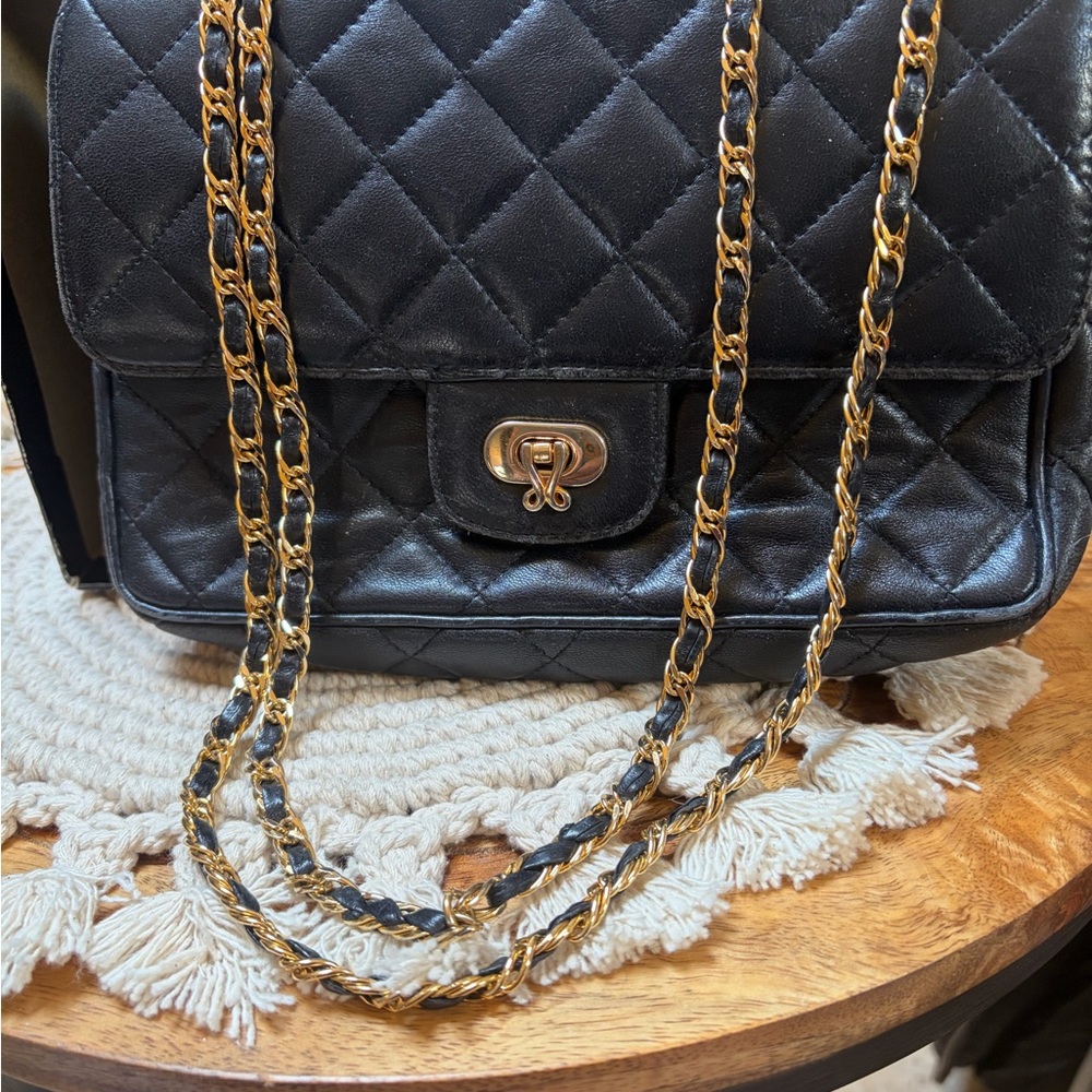 Vintage J Herbert Black leather Quilted Chain-Handle Shoulder Bag crossbody